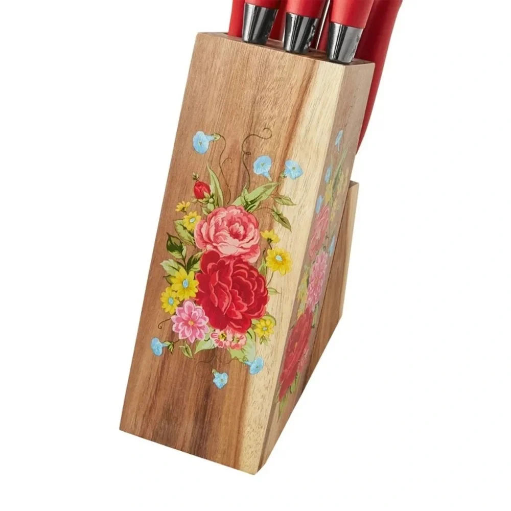 The Pioneer Woman Sweet Rose 11-Piece Stainless Steel Knife Block Set, Red NEW